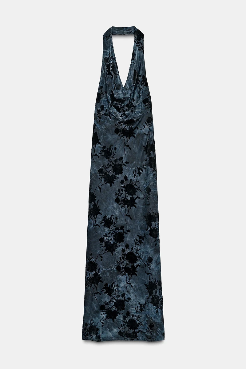 FLOCKED HALTER DRESS
