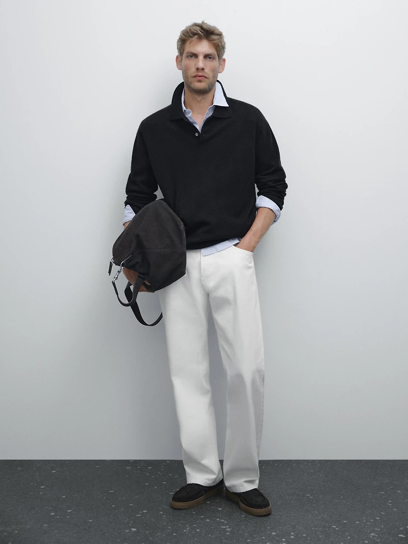 100% cashmere ribbed knit polo shirt