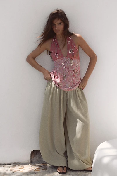 BEADED PRINTED GEORGETTE HALTER TOP