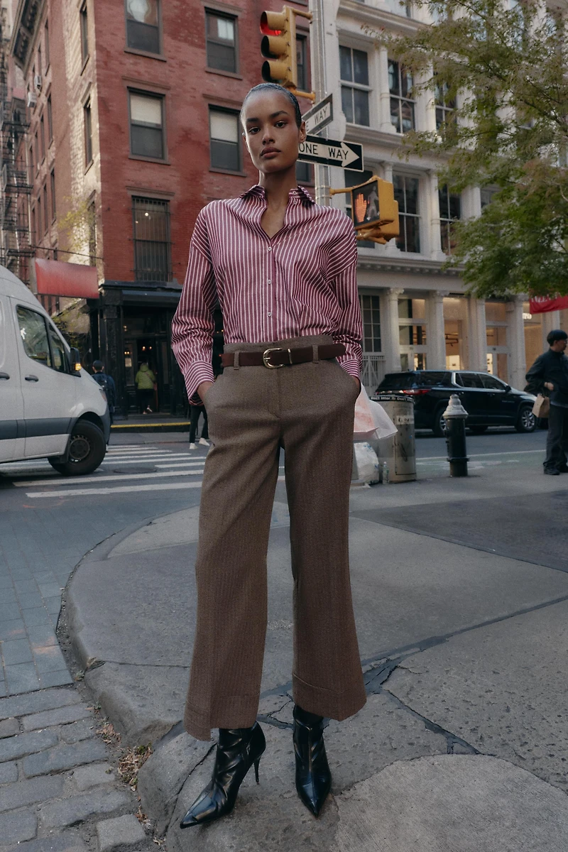 HERRINGBONE BELTED PANTS