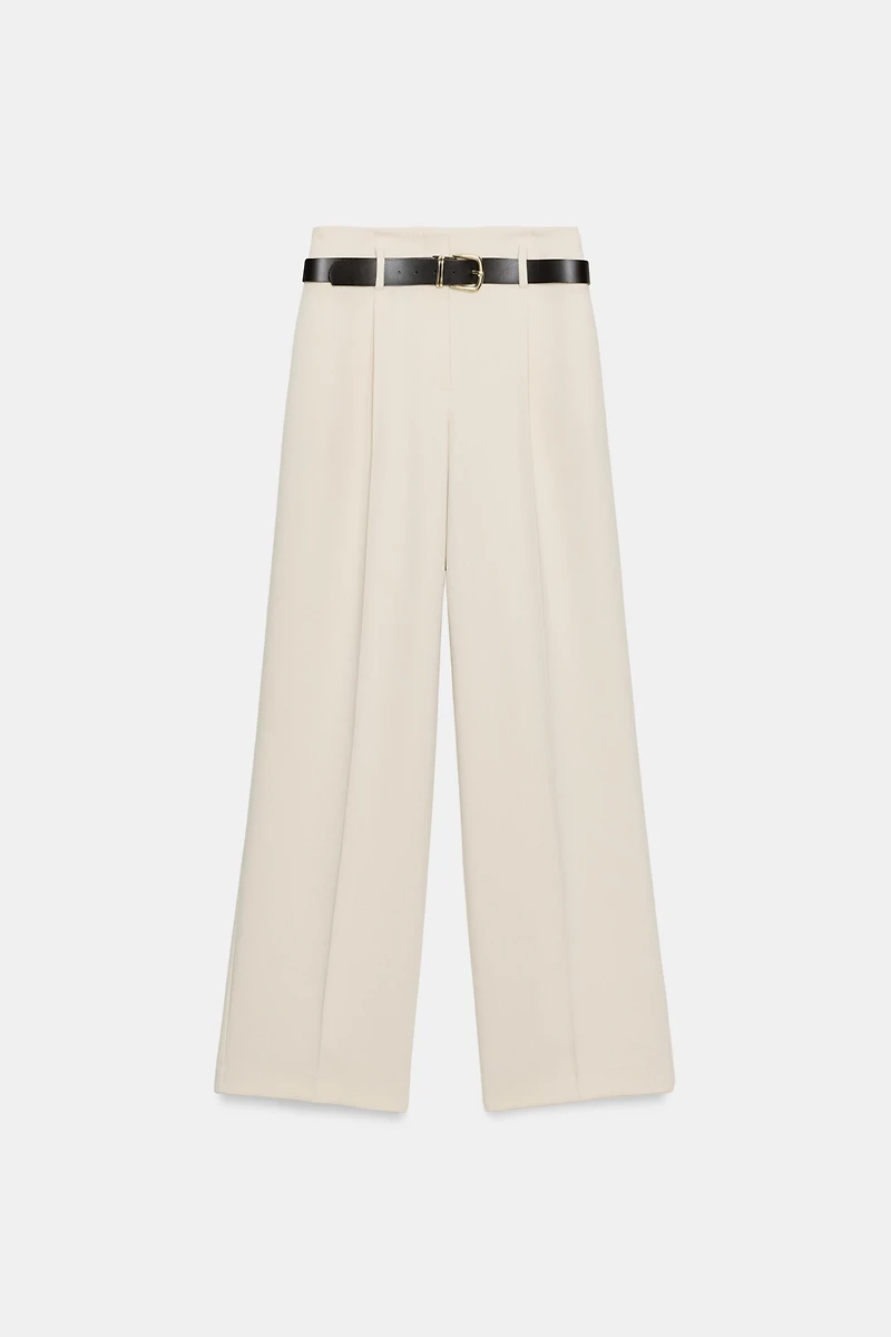 STRAIGHT LEG BELTED PANTS WITH PLEATS