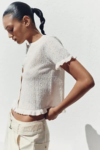 RUFFLED TEXTURED KNIT CARDIGAN