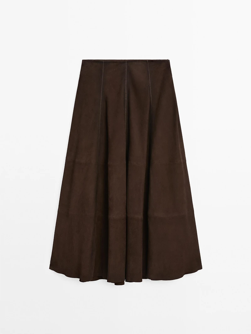 Suede leather flared midi skirt