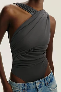 DRAPED ASYMMETRIC TULLE BODYSUIT
