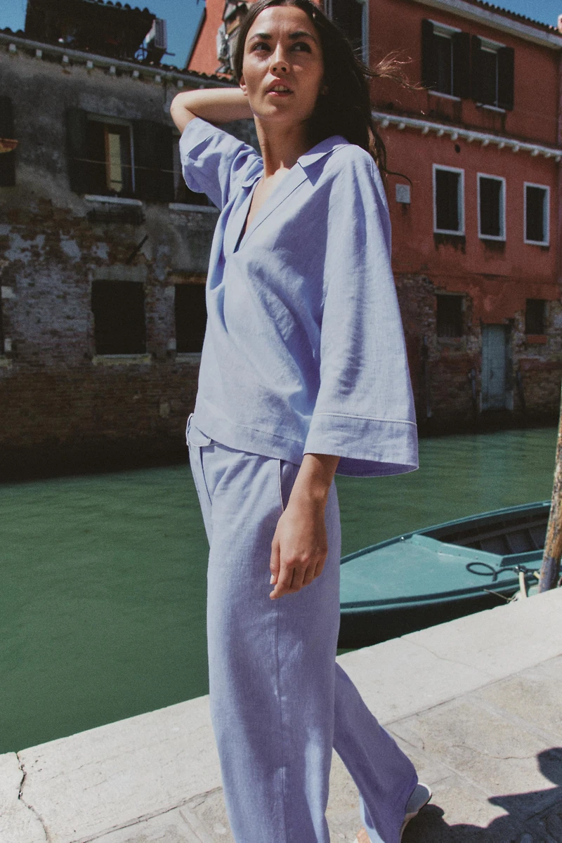 LINEN BLOUSE WITH CONTRAST PIPING