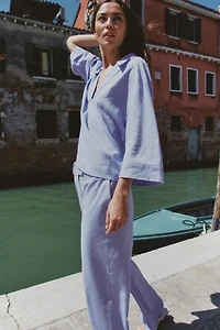 LINEN BLOUSE WITH CONTRAST PIPING