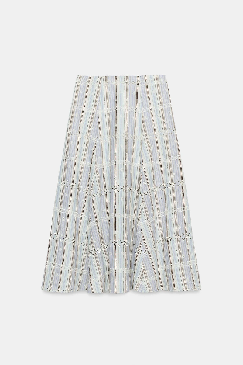 STRIPED EMBROIDERED MIDI SKIRT