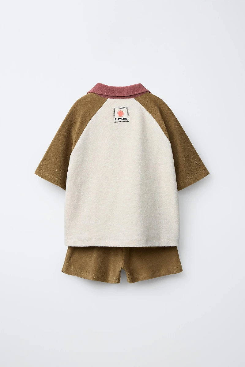 COLORBLOCK TERRYCLOTH POLO AND BERMUDA SET