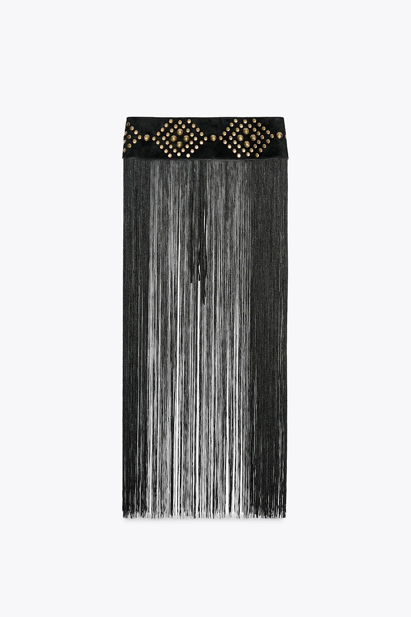 STUDDED FRINGED LEATHER CUMMERBUND BELT