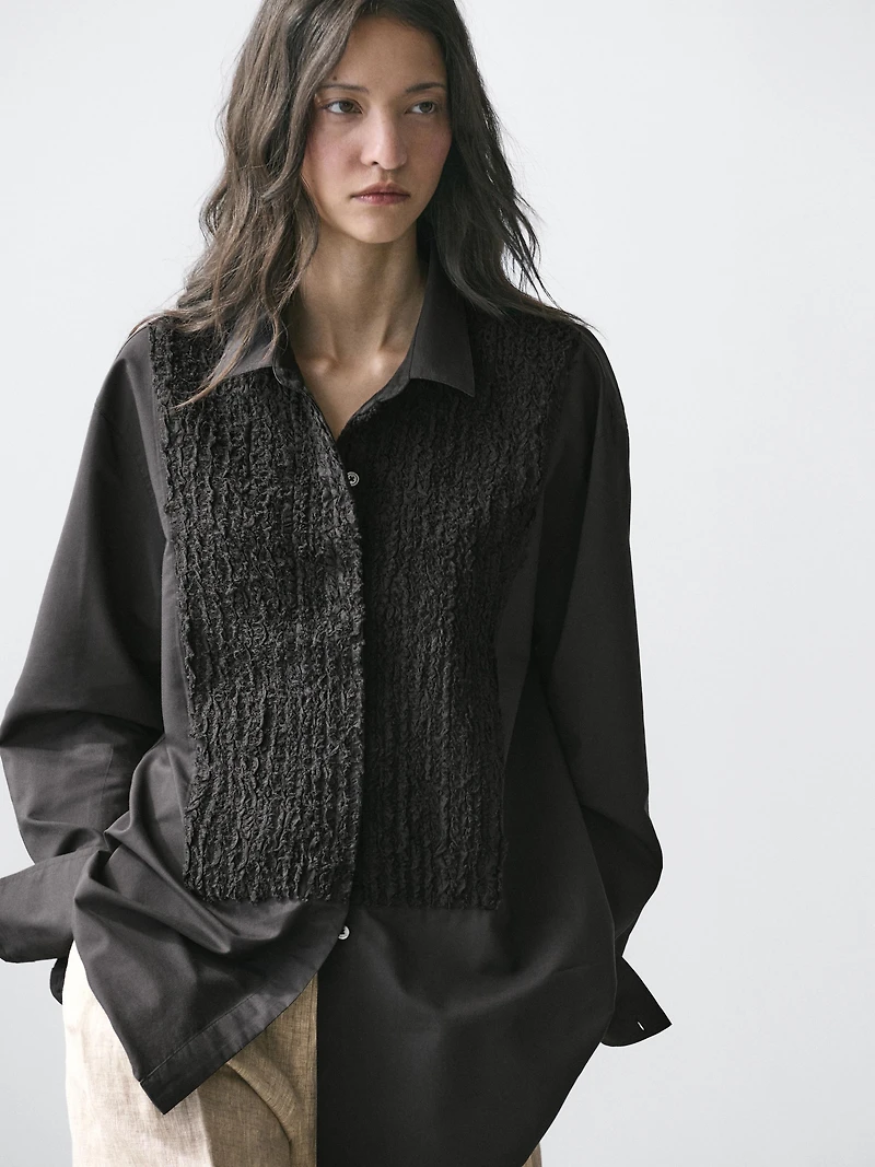 Bib front shirt with embroidered detail