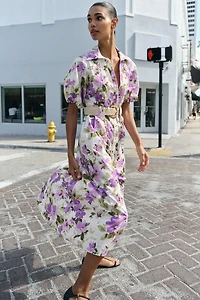 FLORAL PRINT BELTED MIDI DRESS