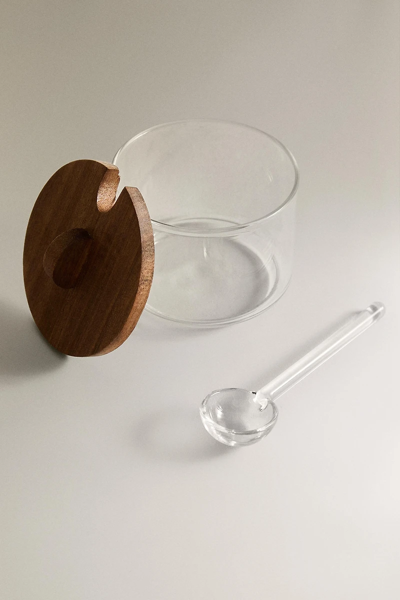 SET OF TUMBLERS AND A WOODEN SUGAR BOWL