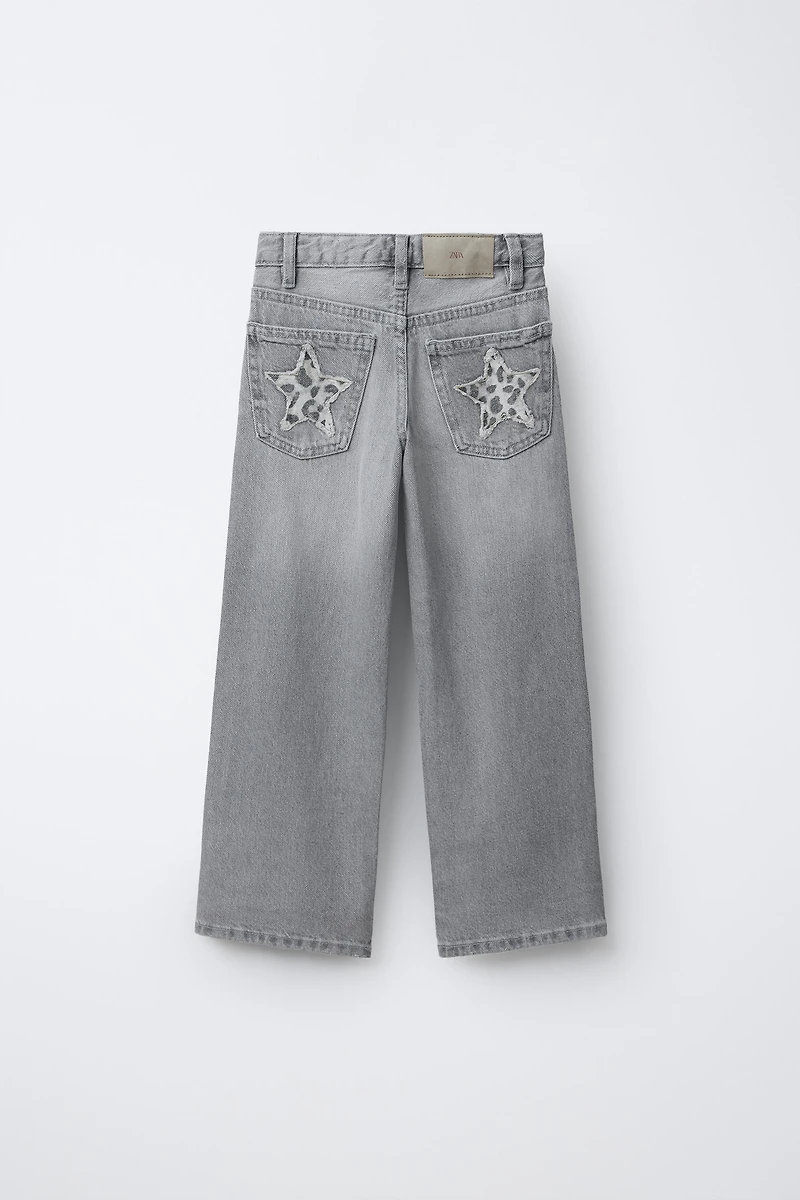 WIDE LEG JEANS WITH ANIMAL PRINT STAR PATCHES