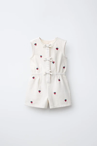EMBROIDERED STRAWBERRY TWILL JUMPSUIT