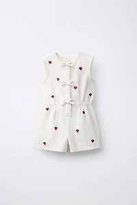 EMBROIDERED STRAWBERRY TWILL JUMPSUIT