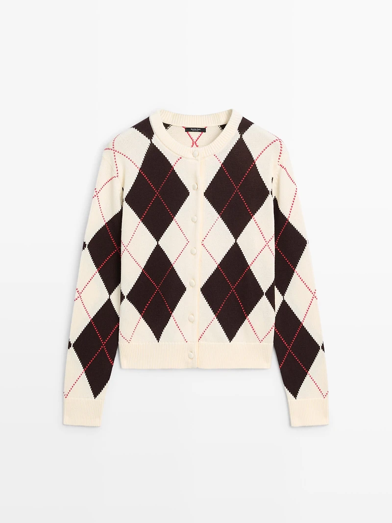 Cotton argyle knit cardigan