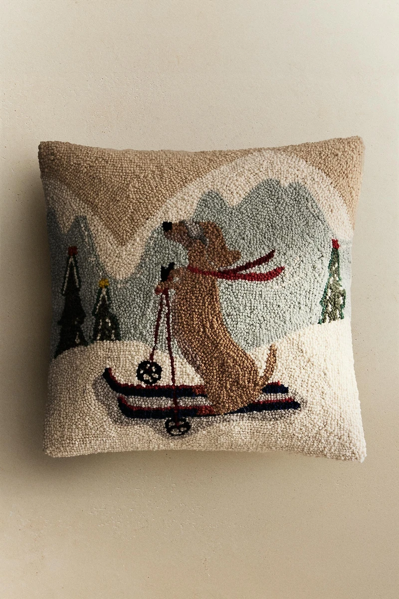 CHRISTMAS SKI DOG WOOL THROW PILLOW COVER