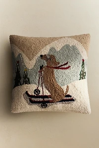 CHRISTMAS SKI DOG WOOL THROW PILLOW COVER