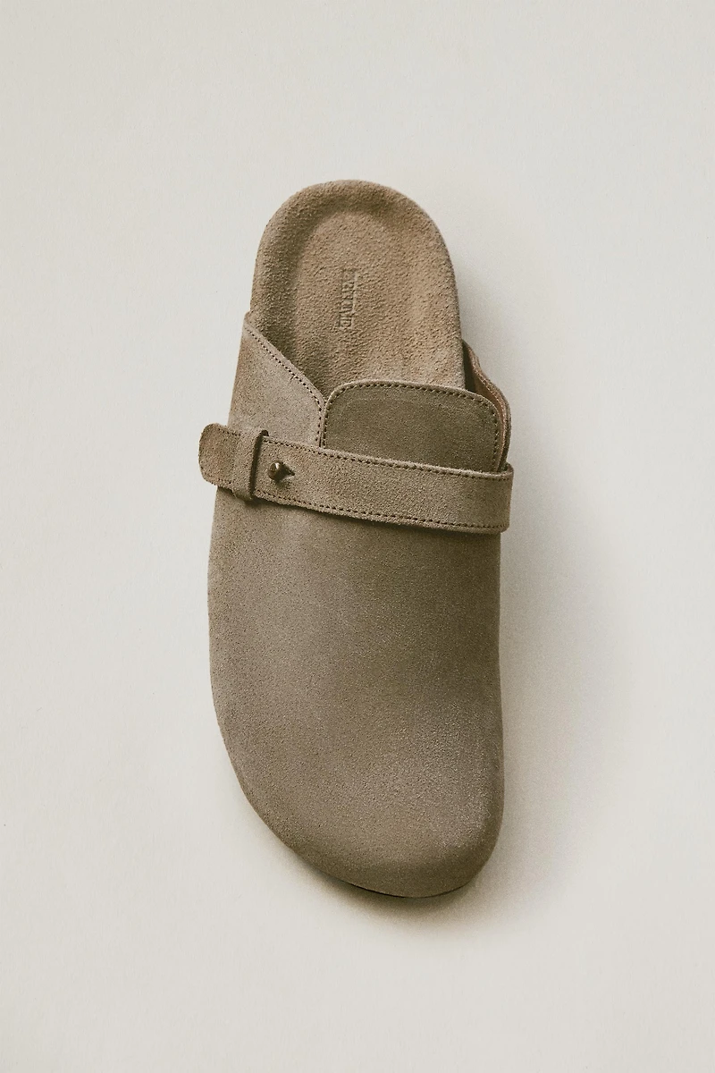 LEATHER MULE CLOG SLIPPERS WITH STRAP DETAIL