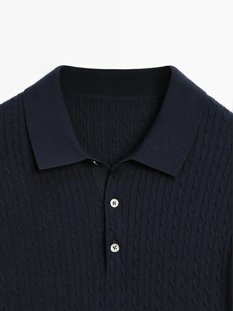 100% cotton cable-knit polo sweater
