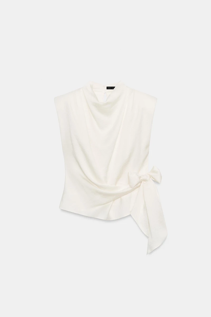SATIN EFFECT SHOULDER PAD KNOT TOP