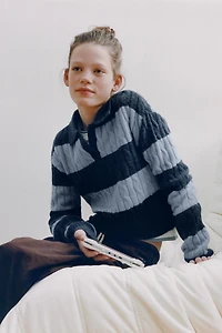 CABLE KNIT STRIPED POLO JUMPER