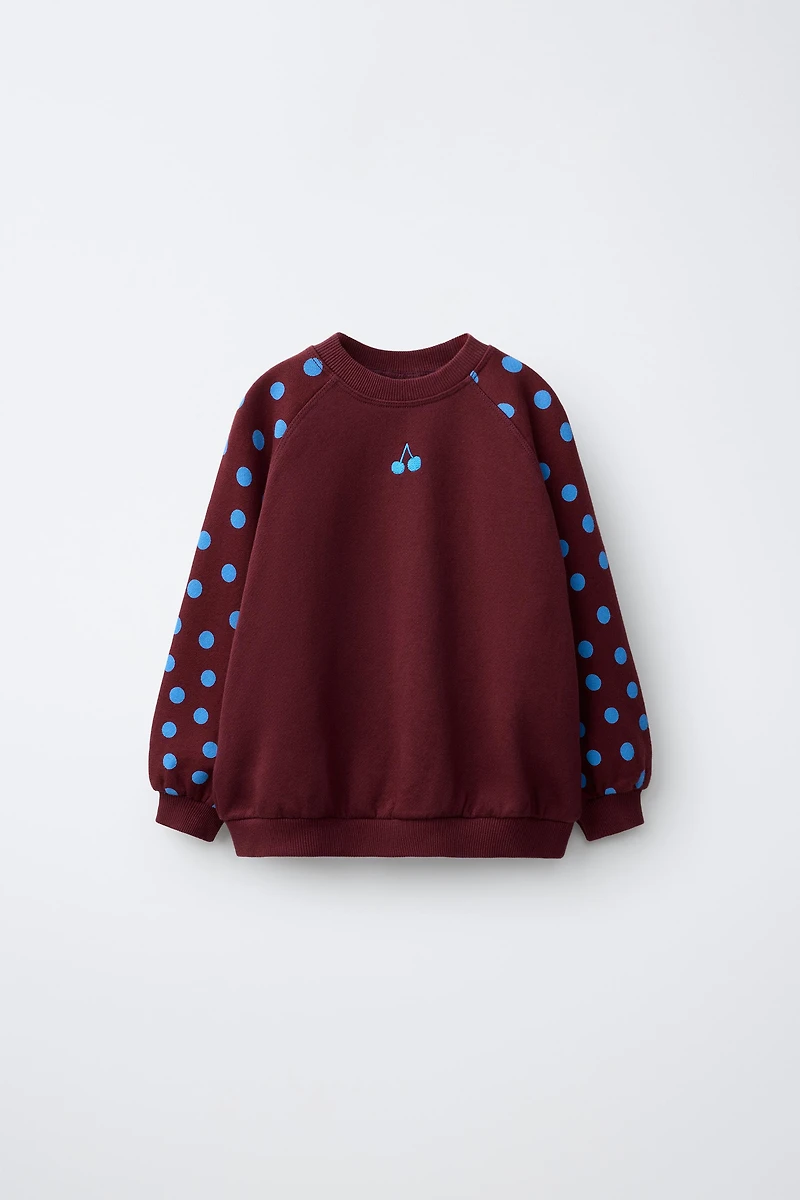 EMBROIDERED CHERRY POLKA DOT SWEATSHIRT
