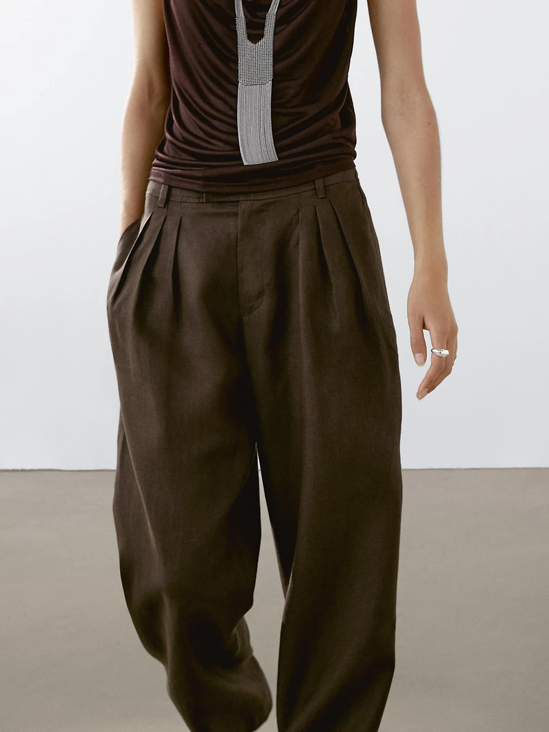 100% linen triple darted trousers