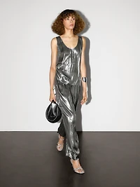 Flowing metallic trousers with gathered detail