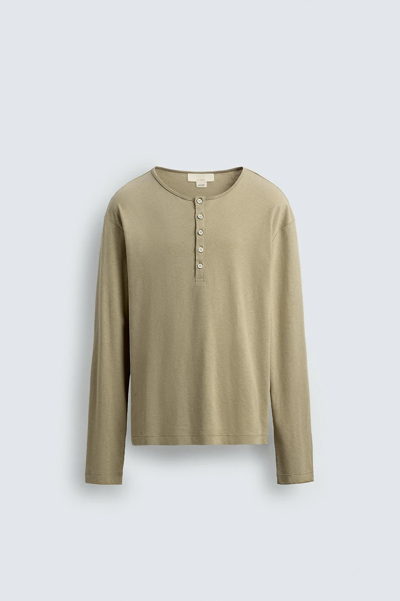 T-SHIRT COL TUNISIEN COTON-LIN