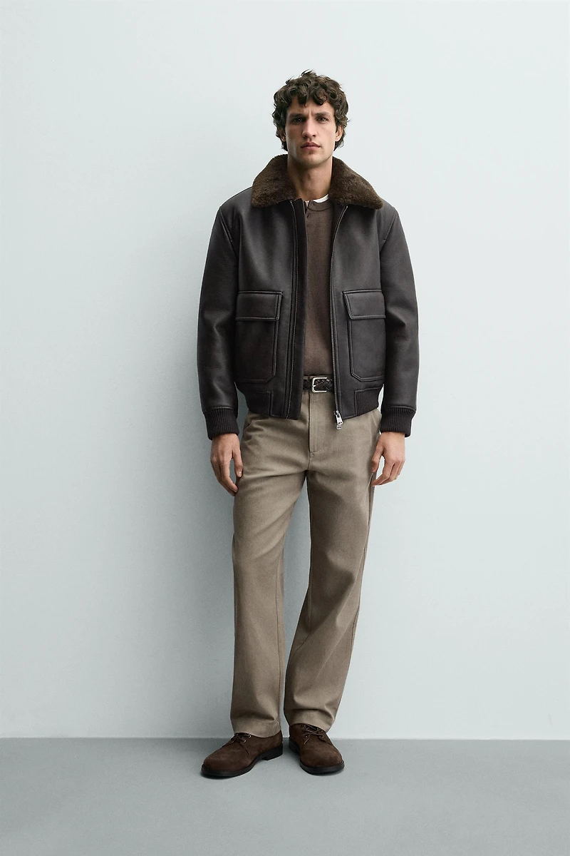 COMBINATION COLLAR FAUX LEATHER JACKET