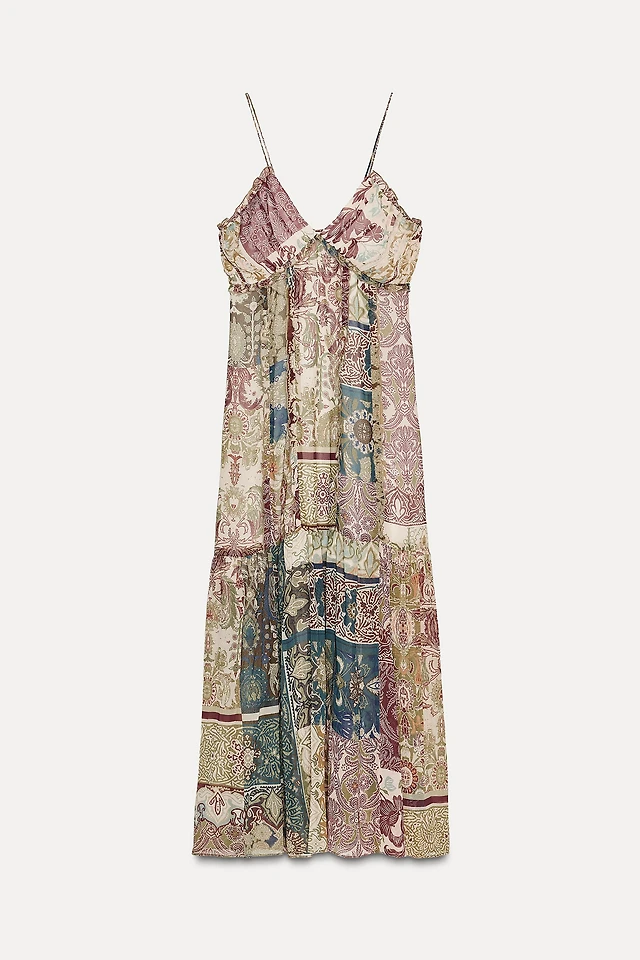 zara patchwork print midi dress ZARA SS24 SIZE M PATCHWORK PRINTED SLIP DRESS