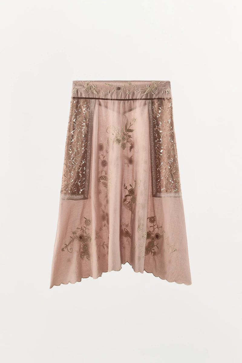 BEADED FLORAL EMBROIDERED MIDI SKIRT