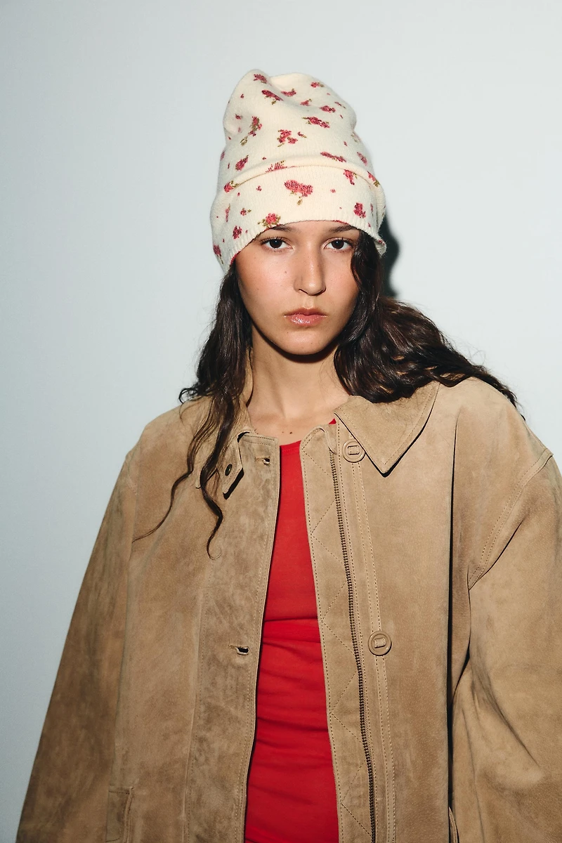 FLORAL PRINT KNIT BEANIE HAT