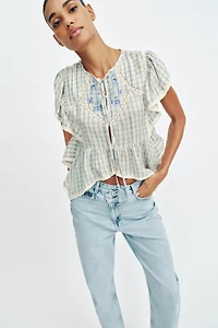 EMBROIDERED PLAID LACE INSERT TOP