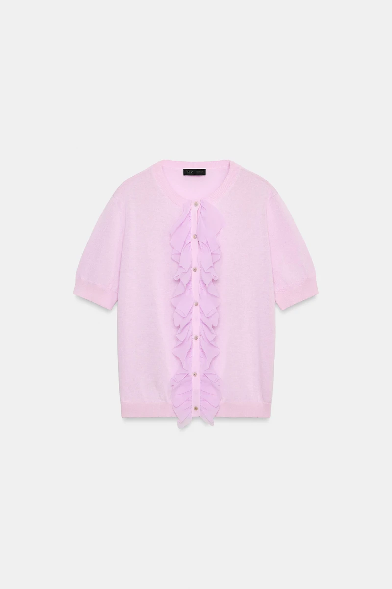RUFFLED SHORT SLEEVE CARDIGAN