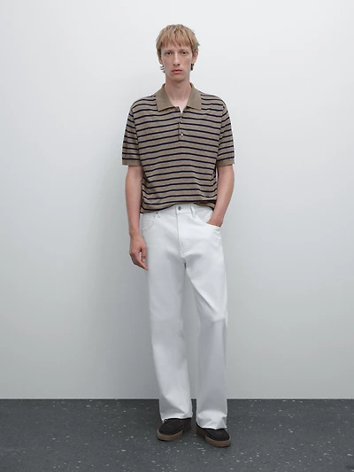 Short sleeve striped knit polo shirt