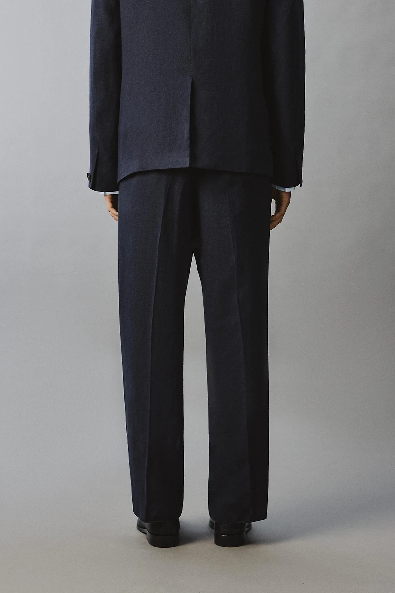 LINEN COTTON BLEND PLEATED SUIT PANTS