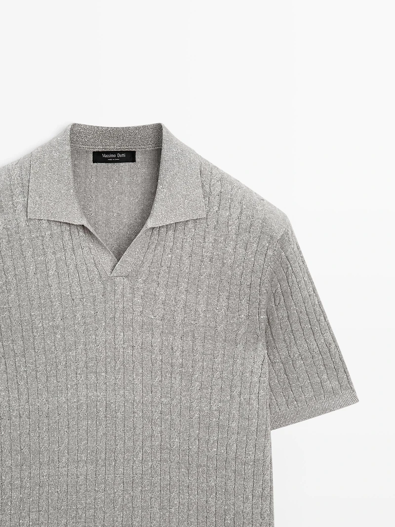 Pull polo en maille tressée lin et coton