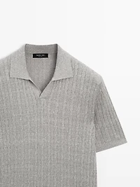 Pull polo en maille tressée lin et coton