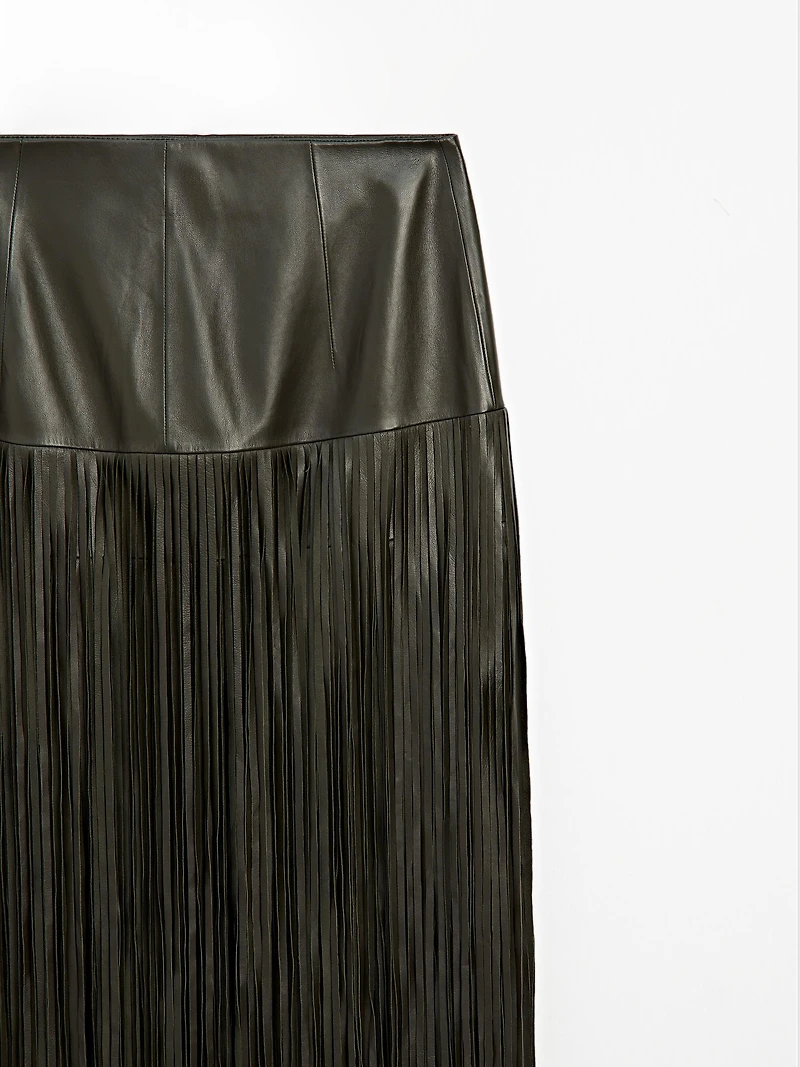Jupe midi à franges en cuir nappa - Studio