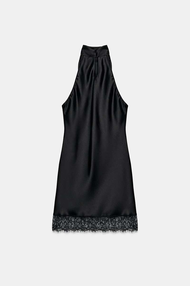 SATIN LACE HALTER DRESS