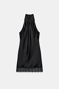 SATIN LACE HALTER DRESS
