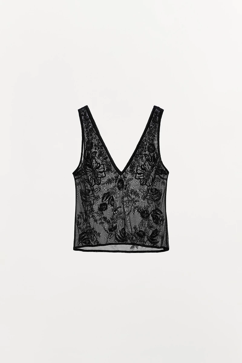 EMBROIDERED TULLE STRAP TOP