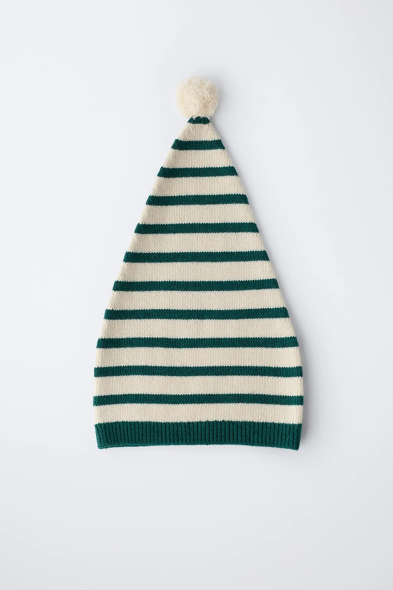 STRIPED KNIT HAT WITH WOOL POMPOM