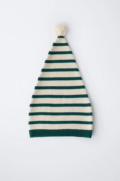 STRIPED KNIT HAT WITH WOOL POMPOM