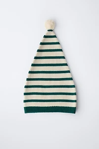 STRIPED KNIT HAT WITH WOOL POMPOM