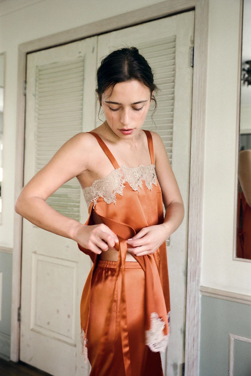SATIN EFFECT EMBROIDERED TIE TOP