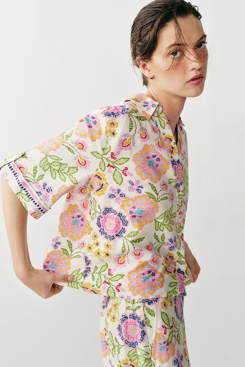 FLORAL PRINT LINEN BLEND SHIRT