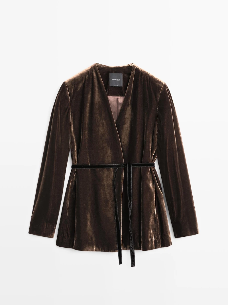 Velvet blazer with tie detail